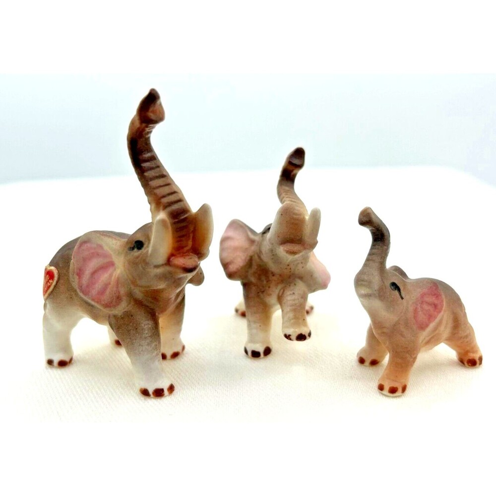 Vtg Elephant Family Trunks Up Figurine Lot of 3 Bone China Ceramic Japan 1960s